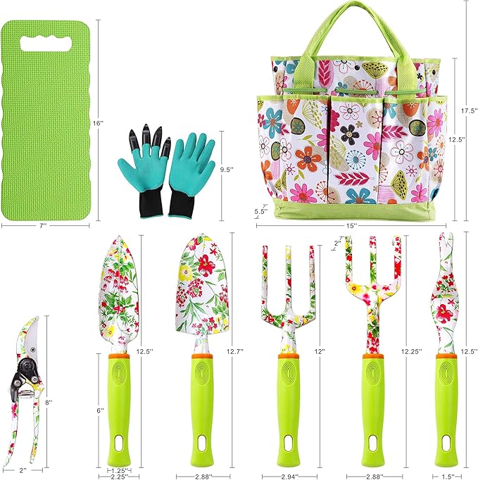 NAYE Garden Tool SetCute Gardening Gifts for WomenBirthday Gifts for MomHeavy Duty Tool Kit with GlovesGarden ToteKneeling PadHand PrunerTrowelHand RakeWeederForkTransplanterMulticolor