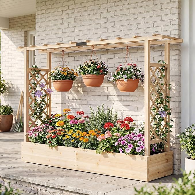 BECOMFORT Raised Garden Bed with Trellis &amp Hanging Roof 45 Tall Fir Wood Planter Box with Drainage Holes Outdoor Elevated Garden Planter for Climbing Vines Perfect for Patio Lawn &amp Backya