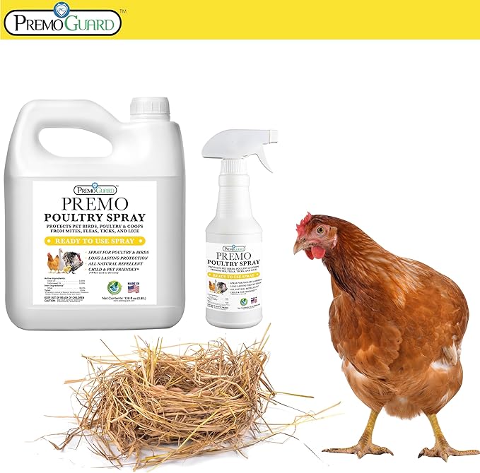Premo Guard Poultry Spray - 16 oz - Kill Scaly Leg Mites Fleas Lice &amp Other Pest on Chickens and in Coops - Natural Plant Based Oils for Control &amp Prevention - Family Safe with No Egg Wit