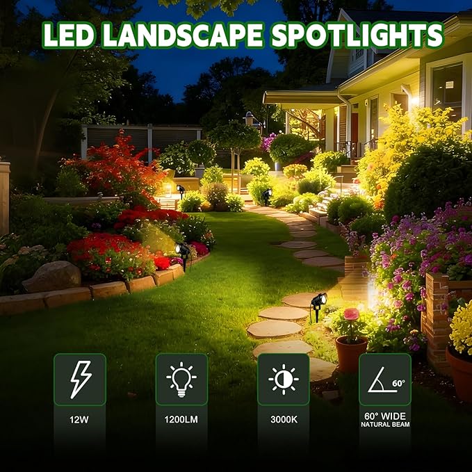 Romwish Outdoor Spotlight 3000K Warm White12W LED Spot Lights Outdoor for Yard Garden Tree 120V Plug in Landscape Lighting with IP65 Waterproof for Lawn Decorative 12 Pack