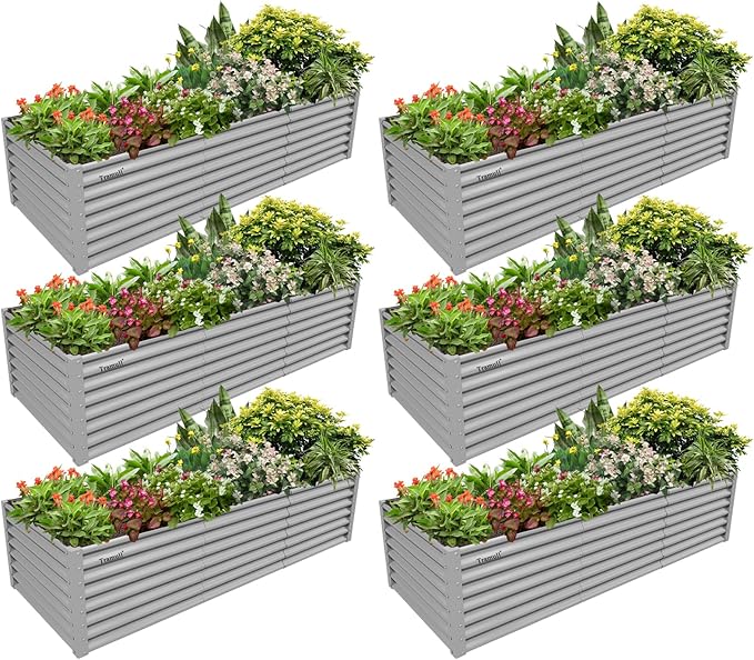6 Pack 8x3x2FT Galvanized Raised Garden Bed Kit Rectangular Metal Ground Planter Box Outdoor Bottomless Planter Raised Beds for Vegetables Flowers Herbs Fruits Gray