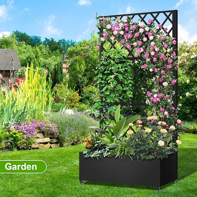 Metal Planter Box with Trellis 72x35x16 Metal Raised Garden Bed with Trellis Trellis Planter Box with Drainage Holes &amp Lockable Casters for Climbing Plants Vegetables and Vines