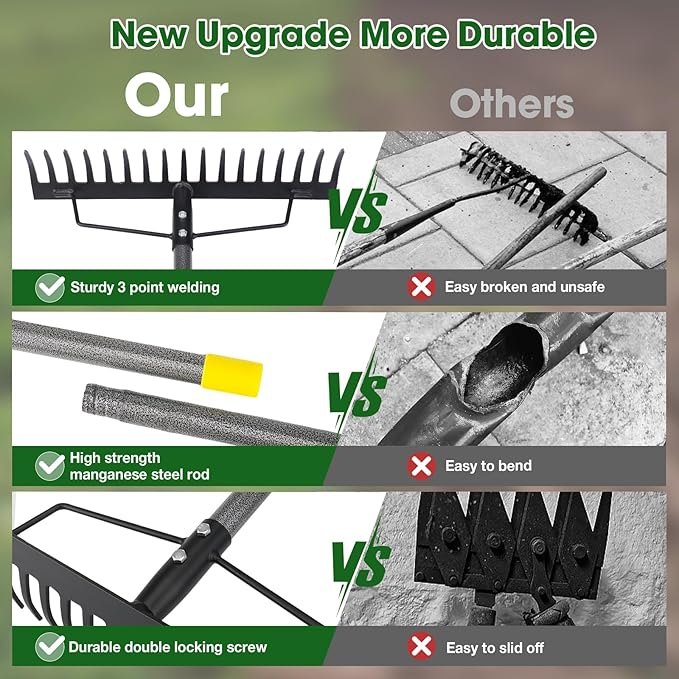 Heavy Duty Bow Rake 17 Tines Metal Garden Rake with Adjustable Handle for Leaves Lawn Soil Sod - 35-67 Metal Handle (Black)