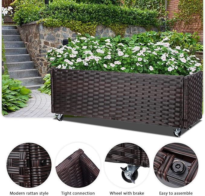 Raised Garden Bed with Wheels - Rattan Wicker Elevated Raised Garden Bed Outdoor Raised Planter Box for Vegetables Grass Lawn Yard 38 x 14.5 x 12 in Brown
