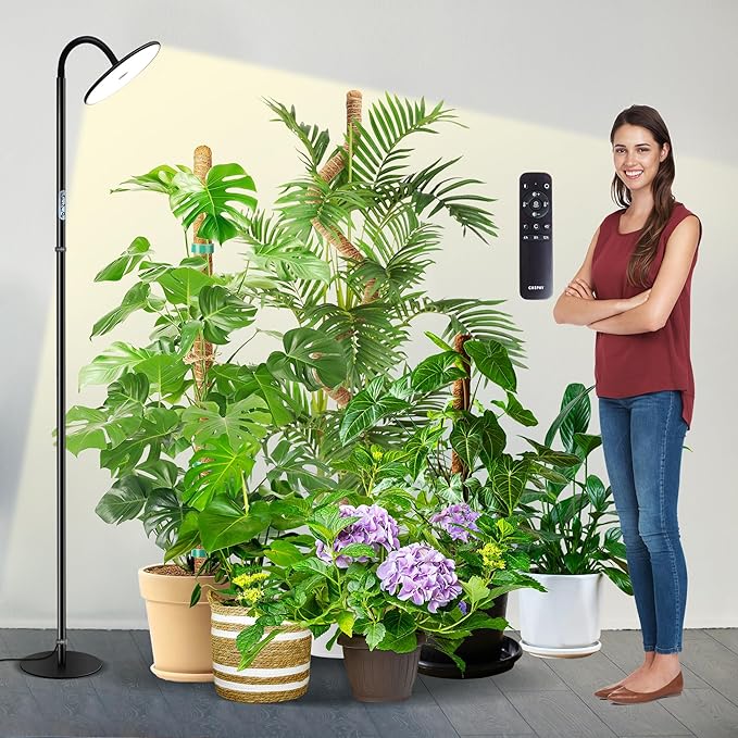 chiphy Grow Lamp 60W Full Spectrum Grow Lights for Indoor Plants 4/8/12H Timer 2300K-6500K 10 Dimmable Brigntness 76'' Height Adjustable Remote Control Ideal for Tall Large Plants