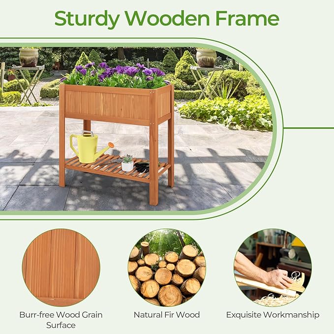 Giantex Raised Garden Bed Outdoor Elevated Fir Wood Garden Box with Legs Bottom Storage Shelf &amp Protective Liner Planter Raised Bed for Gardening Fruit Vegetables Herbs 39 Lx20 Wx39 H