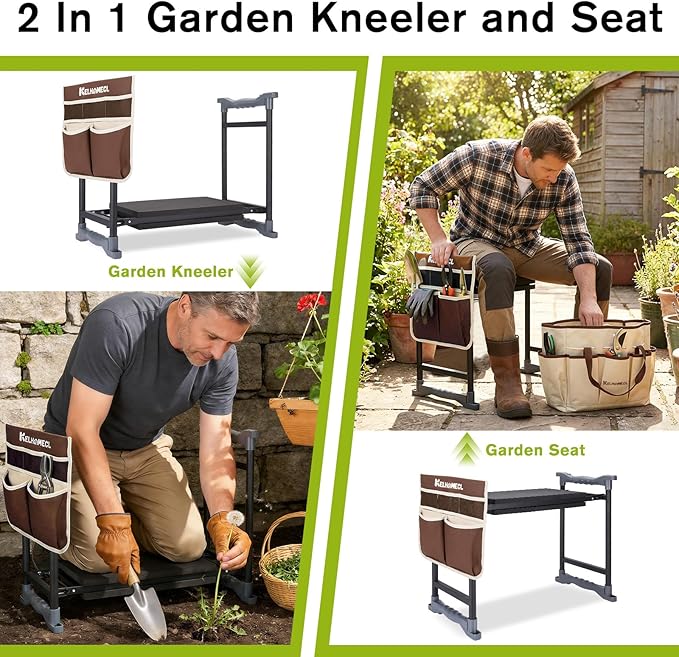 Garden Kneeler and Seat with Umbrella 2-in-1 Foldable Gardening Stool with Adjustable Bracket Detachable Tool Bags Heavy Duty Kneeling Pad for Gardening (Brown)