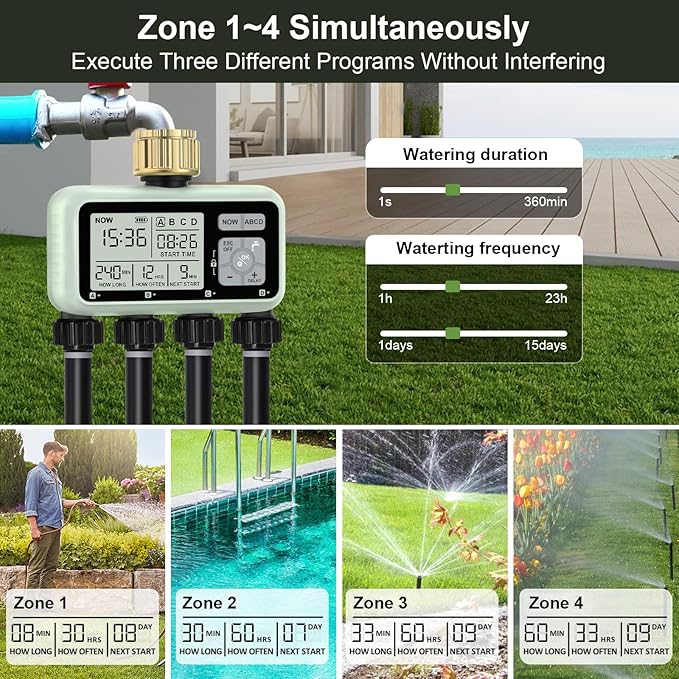 Watering Timer 4 Zone with with Brass Inlet Sprinkler Timer Programmable Garden Outdoor Hose Faucet Timers with Rain Delay/Manual/Automatic Watering SystemWater Hose Irrigation Timers 4 Outlet