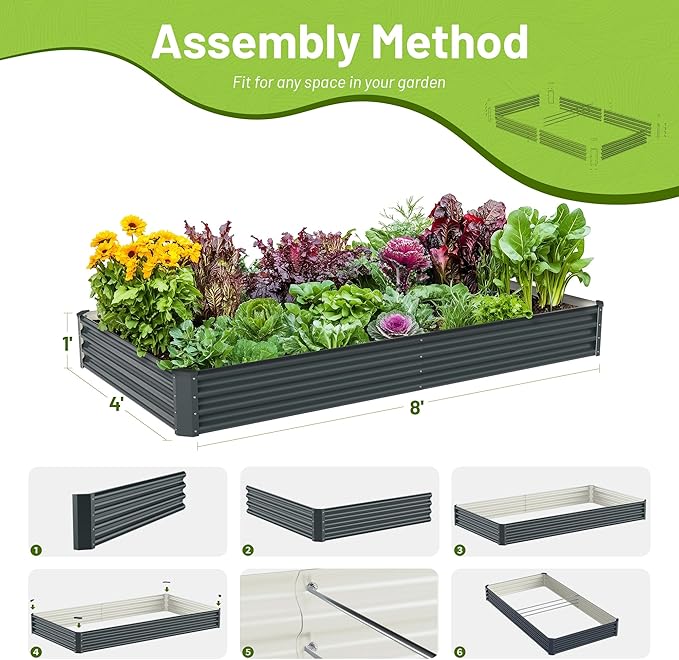 2PCS 8x4x1FT Galvanized Raised Garden Bed Galvanized Planter Raised Garden Boxes Outdoor Large Metal Raised Garden Beds for Vegetables-Grey