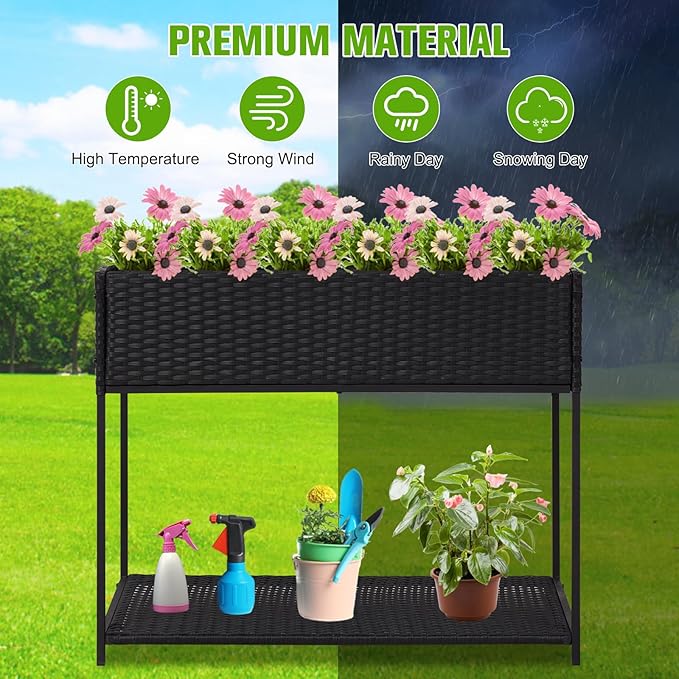 Kinsuite Rattan Raised Bed Planter - Elevated Wicker Planter Box with Tool Storage Shelf Garden Bed for Herbs Vegetables Flowers for Outdoor Indoor Black