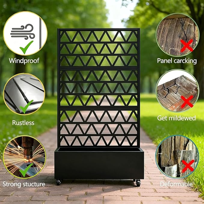 Metal Planter Box with Trellis 73-Inch Tall Raised Garden Bed with Wheels Privacy Screen Planter for Climbing Plants Vegetables &amp Vines Galvanized Steel Outdoor Privacy Shield Black (Square-1