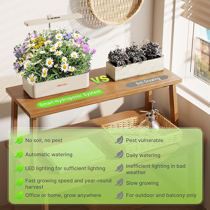 SUNCOZE Hydroponics Growing System Kit 12 Pods 24W LED Grow Light Indoor Garden 4L Water Tank with Quiet Pump Adjustable Height Herb Garden Planter Indoor Kit Gardening Gifts Beige