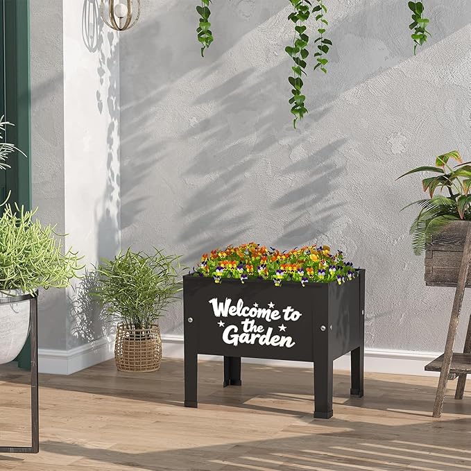 aboxoo 2 Packs 14 Inch Spray-Painted Style Small Planter Raised Garden Bed with LegsOutdoor Metal Planter Box for PatioElevated Garden Bed for Vegetables Flower Herb(Black)