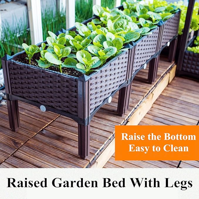 Elevated Planting Box Outdoor Planter Boxes with Legs Modern Rattan-Style Plastic Plant Stand Garden Raised Bed for Vegetables112x16x14/280x40x36cm