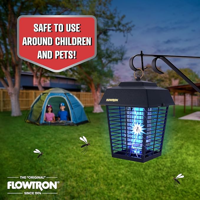 Flowtron Electric Bug Zapper 1/2 Acre Outdoor Insect Control with Dual Lure Method 15W UV Light &amp Octenol Attractant for Fly &amp Mosquito 5600V Kill Grid Made in USA UL Certified