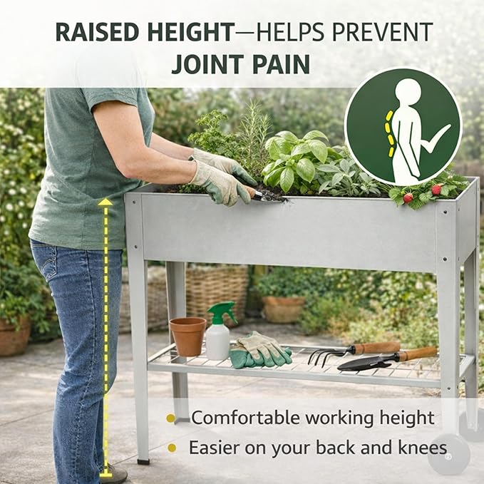 InSideOut Elevated 40 Raised Garden Bed Outdoor with Wheels &amp Shelf for Mobility Metal Planter Box for Vegetables/Herbs Patio-Balcony-Backyard (White)