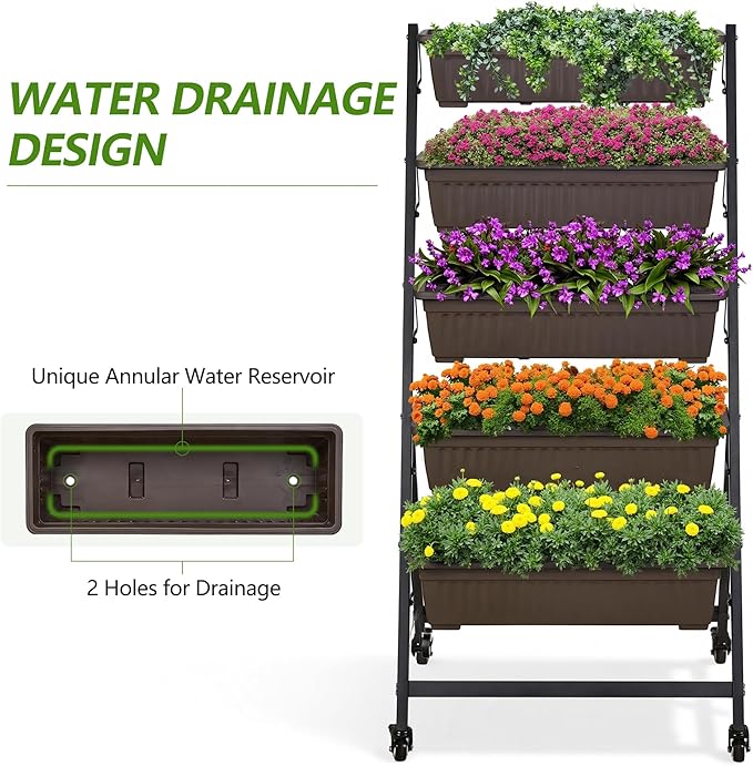 VECELO 5-Tier Vertical Garden Bed Freestanding Elevated Raised Garden Planter with 5 Garden Planter Boxes Lockable Caster Wheels Drainage System for Plants Vegetables Flowers Herbs
