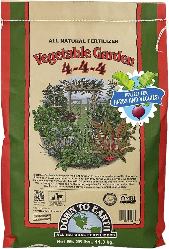 Down To Earth All Natural Fertilizers Organic Vegetable Garden - Plant Food for Vegetables Herbs Greens and Raised Beds 4-4-4 25 lb