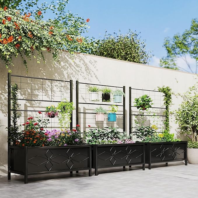 Outsunny Planter Box with Trellis 35.4 x 15.7 x 47.2 inch Raised Garden Bed with Drainage Holes Planters for Outdoor Plants Vegetables Flowers Herbs Trellis Planter Black