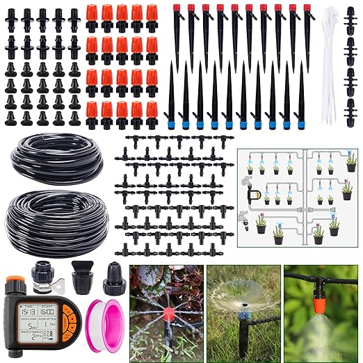 Automatic Drip Irrigation System Kit - 226FT with LCD Timer 3 Sprayer Types Automatic Garden Watering System 1/2 Inch Hose 1/4 Inch Distribution Tubing Garden Watering Solution for Outdoor Plants