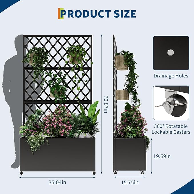 CABIHOME Steel Raised Garden Bed with Trellis &amp Privacy Screen - Planter Box w/Lockable Casters Drainage Holes for Vines Vegetables on Patio Deck Yard Black