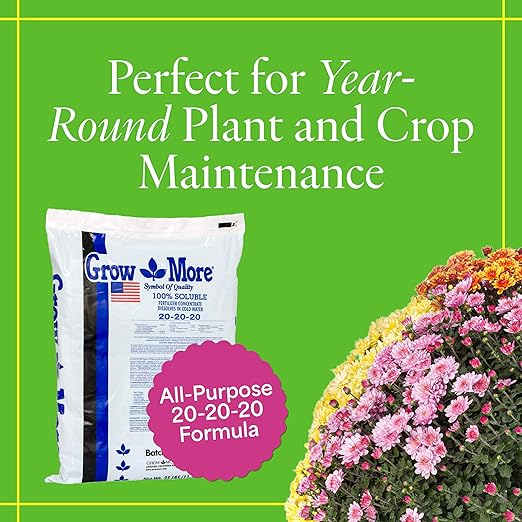 Grow More 20-20-20 Water Soluble Fertilizer - 25lb Bag of All Purpose Fertilizer for Exceptional Crop Yields - All Purpose Plant Food for Vegetables Flowers Trees Shrubs and Houseplants