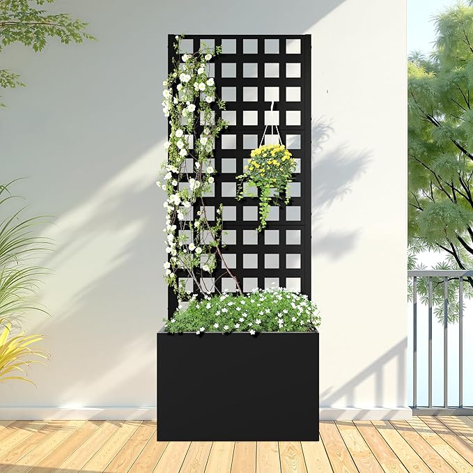 FENCY Metal Planter Box with Trellis Planter Trellis for Climbing Plants Vegetable Vines Trellis with Planter Box &amp Privacy Screen Raised Garden Bed with Drainage Holes (23.6 L x 63 H/Lattice
