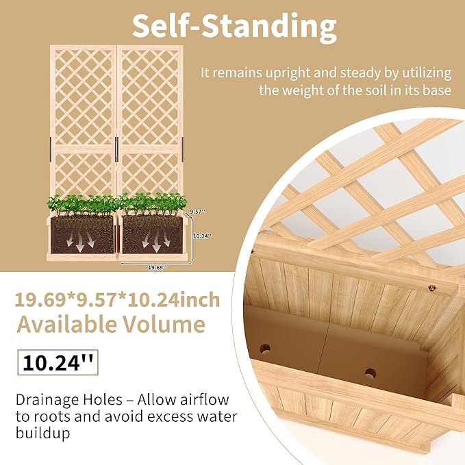 Cedar Privacy Screen with Planter Box - 2-Panel 65 Tall Outdoor Divider Freestanding Garden Fence with Raised Bed &amp Drain Holes for Patio Deck Backyard (Natural Wood)