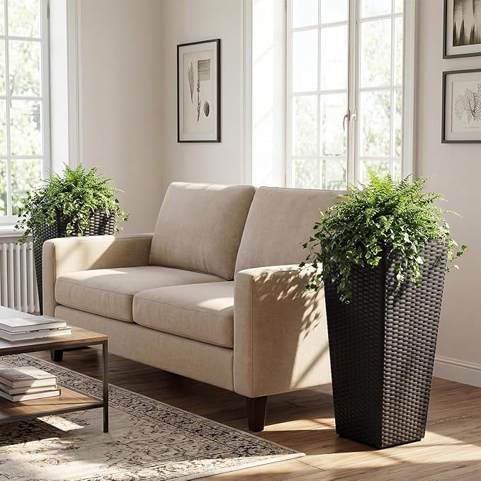 Giantex Tall Planters Set of 2 24”H Tapered Rattan Planter with Detachable Inner Boxes Indoor Outdoor Standing Wicker Flower Pots for Front Porch Patio Balcony Black