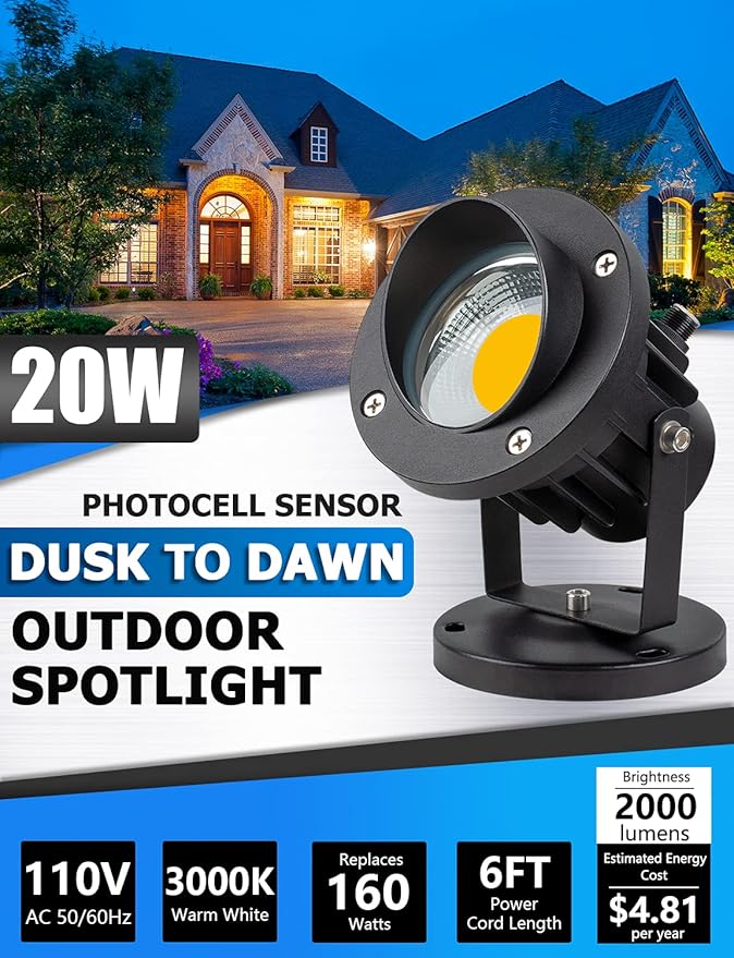 SUNVIE 20W Spot Lights Outdoor with Photocell Sensor Dusk to Dawn LED Landscape Spotlights Waterproof 120V 2000LM 3000K Landscape Lighting for Yard Flag Tree Garden 6 FT US 3-Plug in Cord 2 Pack