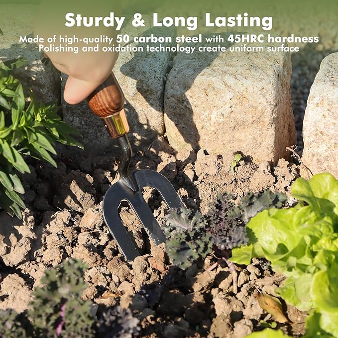 RESTMO Gardening Tools Bundle: Heavy Duty Gardening Tools Kit &amp Square &amp Triangle Garden Hoe &amp Crack Weeder Tool &amp Gardening Hand Fork Premium Carbon Steel Garden Tools with Ergonomic