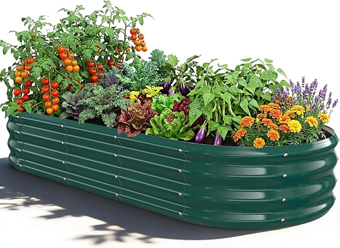 Oval Raised Garden Bed 5 x 2 x 1FT Galvanized Steel Planter Box with Wave-Shaped Metal Panels Painted for Outdoor FlowerTreeHerb &amp Vegetable Garden (Green 60X24X12 inches)