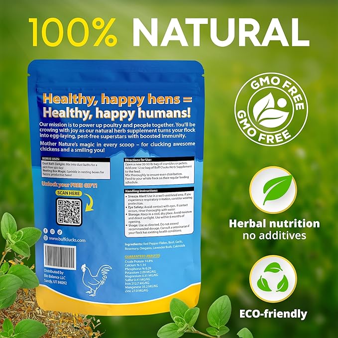 Herb Supplement for Backyard Chickens - Natural Chicken Treats Poultry Feed Botanical Mix Plant-Based Coop Snacks for Daily Wellness Feather Quality Egg Production USA (12 oz)