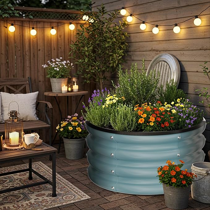 ZXZYHFTY Round Galvanized Raised Garden Bed kit Blue Outdoor Garden Raised Planter Box Round Large Metal Raised Garden Beds for Vegetable 2 * 2 * 1ft 1 Pack