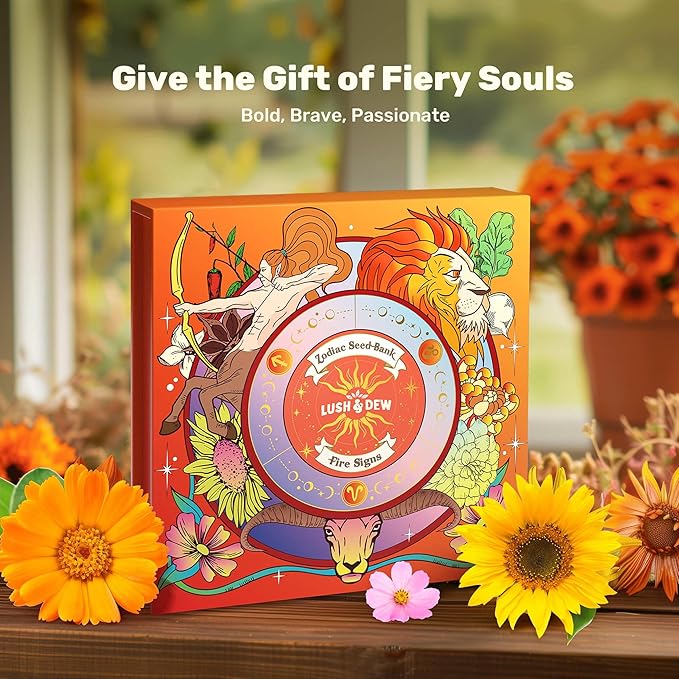 Lush&ampDew Gardening Gifts for Women Men Zodiac Garden Seed Bank 12 Varieties Non-GMO Heirloom Vegetables Flower Seeds Hand Craft Storage Box with Moon Calendar for Fire Signs USDA Zone 3-11