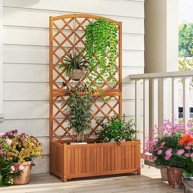 Giantex Solid Acacia Wood Planter Box with Trellis 63 Raised Garden Bed with Trellis Plant Box Slat Base Outdoor Privacy Planter for Vine Climbing Plants Flowers Garden Patio Balcony