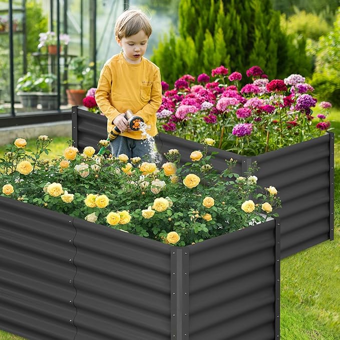 Raised Garden Bed 2 Pack 6x3x1 FT Galvanized Planter Raised Beds Outdoor Large Open Bottom Garden Boxes with Safety Edging &amp Gloves for Growing Vegetables Flowers Herbs