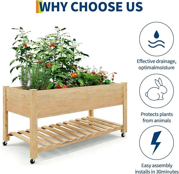Elevated Garden Bed with Wheels and Legs – Large Wooden Planter Box with Bottom Shelf Protective Liner – Outdoor Patio and Backyard Container for Vegetables Herbs and Flowers