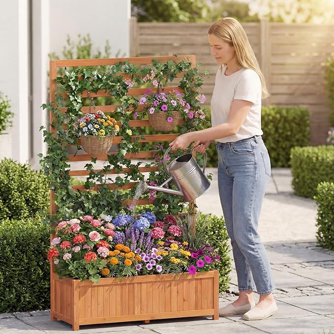 BECOMFORT 59”H Raised Garden Bed with Trellis Tall Fir Wood Planter Box with Liner &amp Drainage Gaps for Climbing Plants Vegetables &amp Flowers Outdoor Privacy Planters for Patio Balcony Yard
