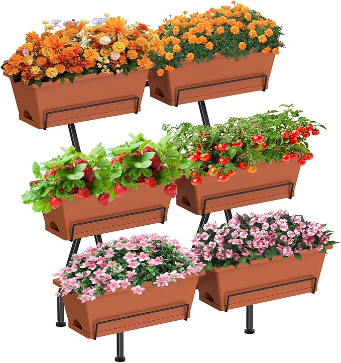 Sunexinlo 3-Tier Vertical Garden Planter with 6 Boxes 31 Tall Raised Garden Bed with Adjustable Feet for Herbs Flowers Vegetables Ideal for Indoor Outdoor Patio Balcony Deck Use Brick Red