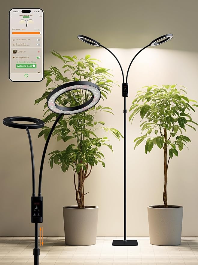 Smart Grow Lights for Indoor Plants48W 2-Head Plant Light with Auto-Timer Full Spectrum LED Grow Light Adjustable Height &amp Stepless DimmingPlant Assistant Suitable for Most Plants (Black 48W)