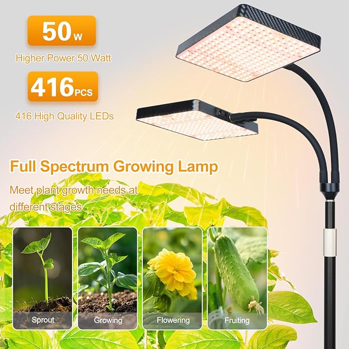 FECiDA 2026 2Head Floor Lamp Grow Light Grow Lights with Stable Stand Base for Indoor Plants Bonsai Tree 4/8/12/16/20 Hr Timer 50 Watt Power Draw NO Need Adapter 40-76 Height Adjustable