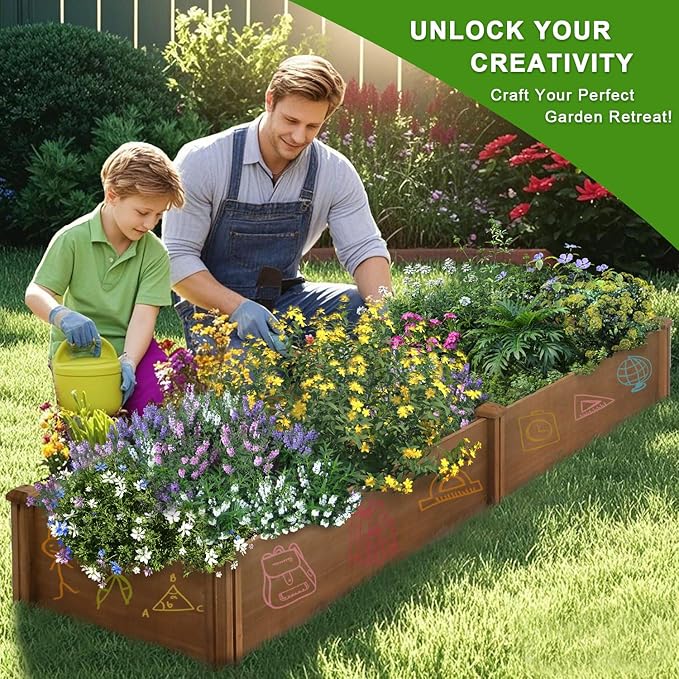 PetsCosset 8x2Ft Raised Garden Bed – Planter Box for Outdoor Plants Fir Wood Garden Beds for Vegetable Herb and Flower Cultivation – Easy Assemble