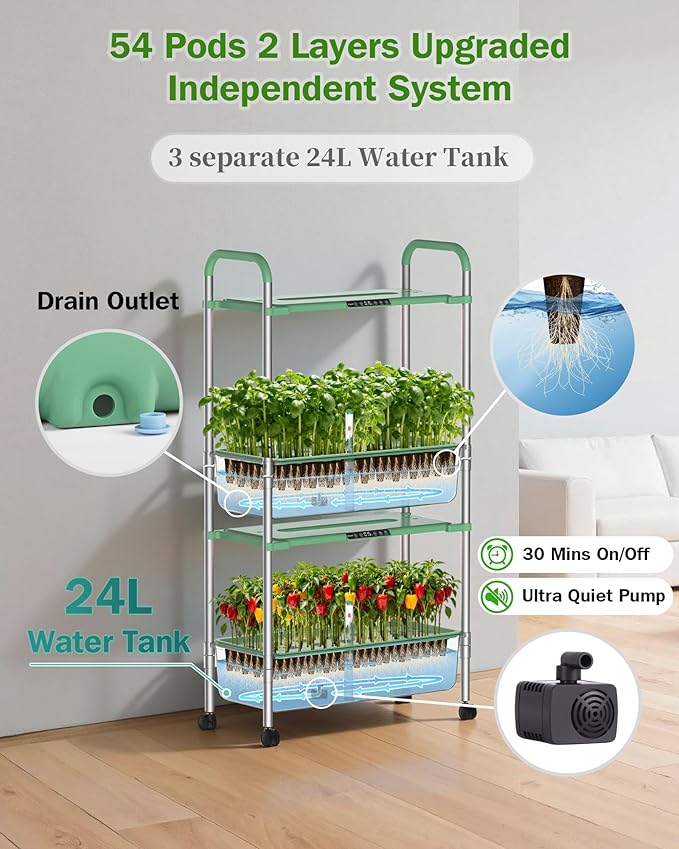 Large Hydroponics Growing System Kit Vertical Indoor Herb Garden Kit with LED Grow Light &amp Independent Water Pump 28L Movable Indoor Planter Perfect Gardening Gifts (2 Tier-54 Pods Green)