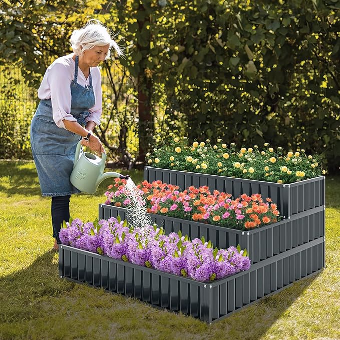HAPPYGRILL Raised Bed Galvanized Garden Bed w/Open-Ended Base for Deep Rooted Plants Vegetables Flowers Modular Assembly Outdoor Planter Box for Patio Backyard