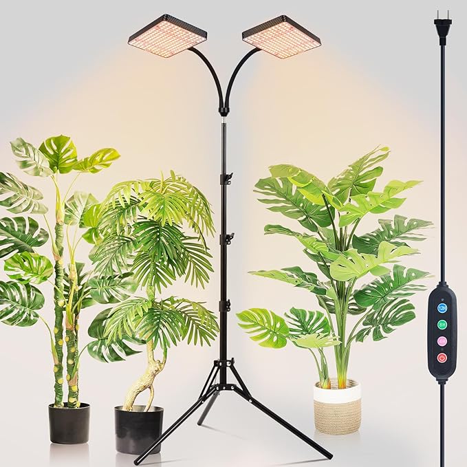 2026 2Head Grow Light with Stand 50 Watt Power Draw Big Coverage and Bright Enough for Indoor Large and Tall Plants Bonsai Tree 40-64 Height Adjustable