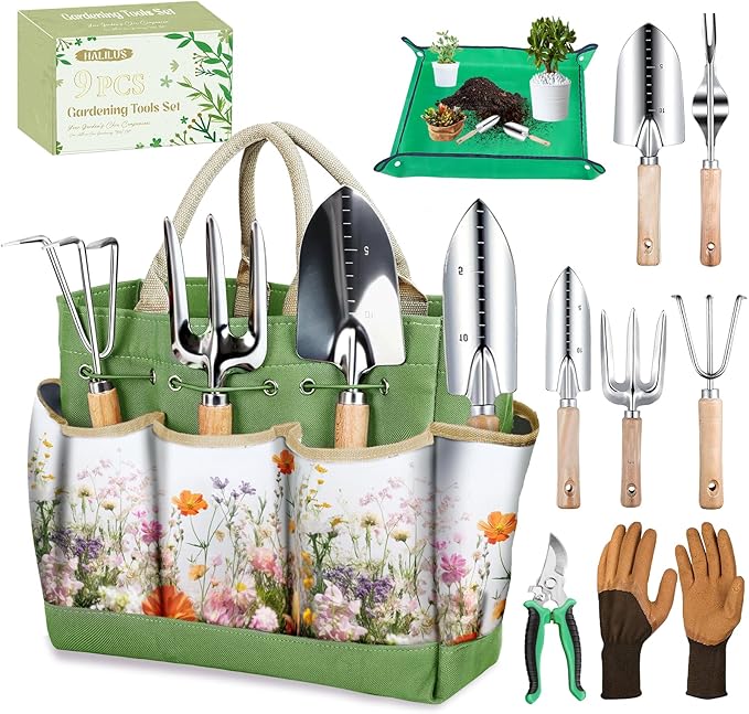 Garden Tools 9-Piece Heavy Duty Gardening Hand Tools with Floral Organizer Tote Bag Rust-Proof Garden Tool Set Thickened Repotting Mat Gardening Gifts for Women Mom Green
