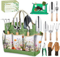 Garden Tools 9-Piece Heavy Duty Gardening Hand Tools with Floral Organizer Tote Bag Rust-Proof Garden Tool Set Thickened Repotting Mat Gardening Gifts for Women Mom Green
