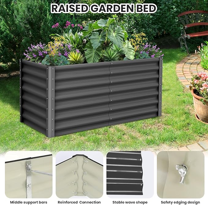 Raised Garden Bed 2 Pack 6x3x1 FT Galvanized Planter Raised Beds Outdoor Large Open Bottom Garden Boxes with Safety Edging &amp Gloves for Growing Vegetables Flowers Herbs