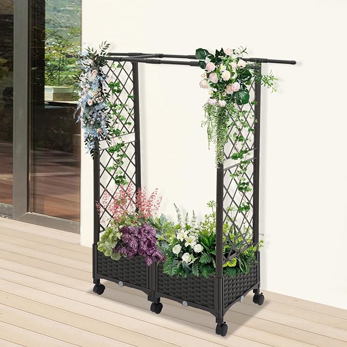 Mobile Planter Box with Trellis Vertical Garden Bed with Wheels for Climbing Plants Indoor Outdoor Vegetable Flower Pot for Balcony Patio Backyard Brown